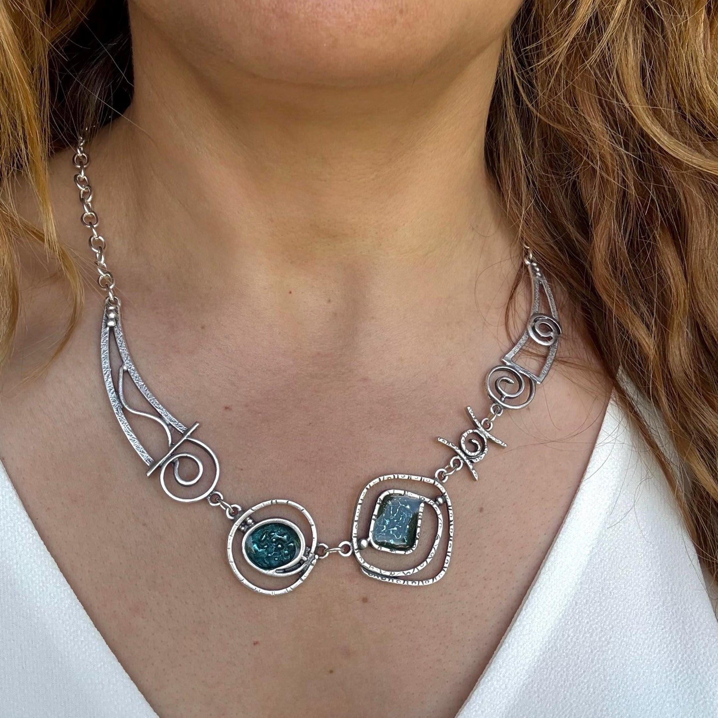 Teal Blue Enamel Necklace: Geometric Silver-Plated Brass Pendant