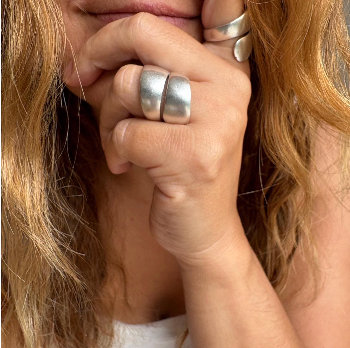 Chunky Silver Plated Brass Ring, Wide Band, Adjustable Statement Jewelry