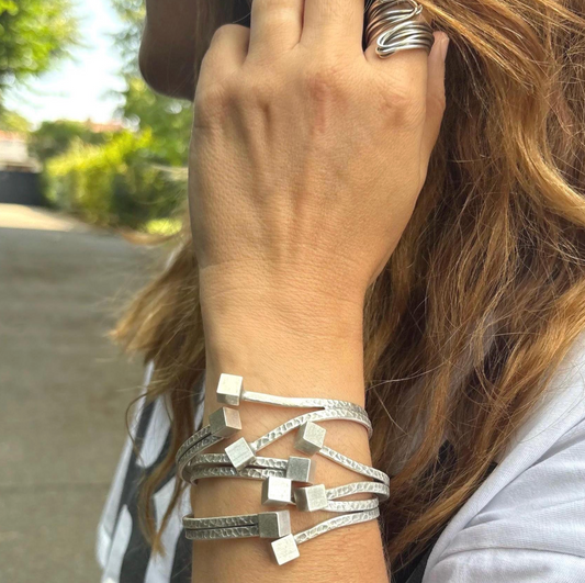 Rustic Silver Cuff Bracelet – Vintage Handmade Open Bangle with Cube Ends, Unisex Modern Jewellery
