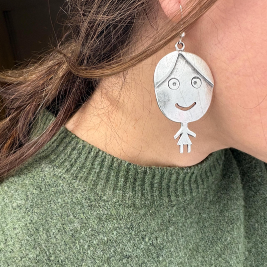 Vintage Silver Tone Smiling Boy and Girl Earrings | Whimsical Dangle Jewelry