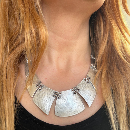 Boho Bib Necklace - Antique Silver Tone, Tribal Statement Jewelry