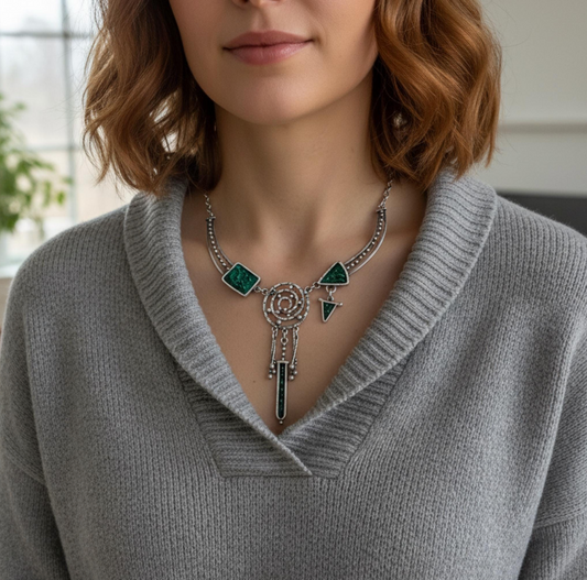 Silver Dreamcatcher Necklace, Green Enamel Boho Vintage Style Pendant, Christmas Gift for Her