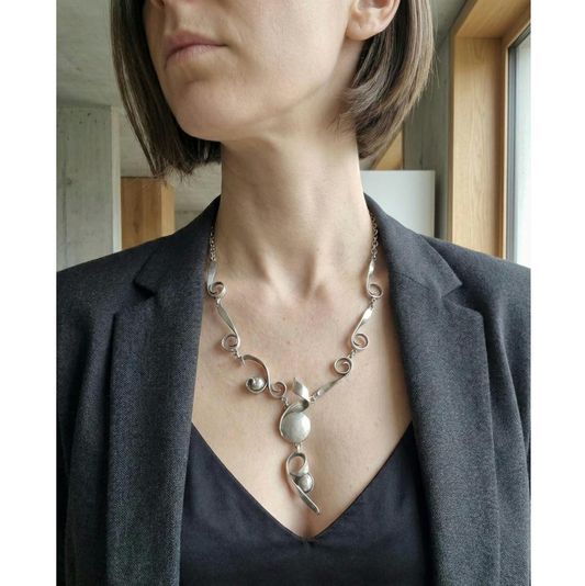 Abstract Silver Statement Necklace, Brutalist Art Deco Swirl Pendant