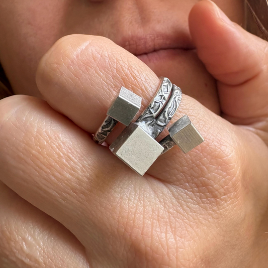 Brutalist Silver Plated Modernist Ring • Adjustable Abstract Cube Ring • Geometric Statement Jewelry • Unique Gift for Her