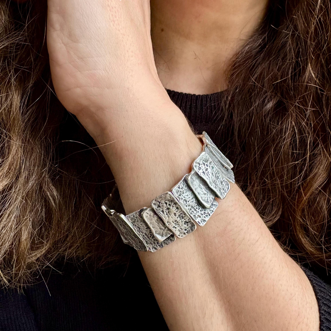 Hammered Silver Plated Stretch Bracelet, Chunky Rustic Link