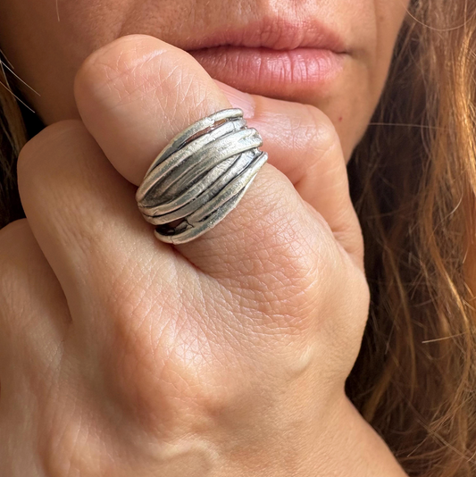 Rustic Silver Finish Brass Wrap Ring – Adjustable Organic Band