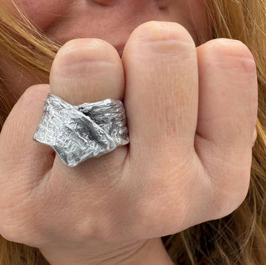 Chunky Abstract Silver Ring | Irregular Textured Lava Design | Adjustable Statement Ring