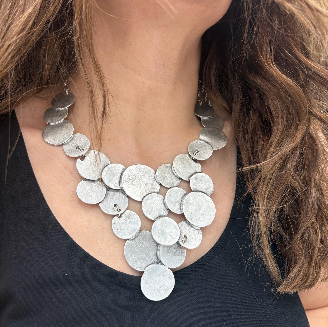 Brutalist Silver Plated Disc Necklace, Hammered Medallion Collar, Boho Bib Jewelry, Gift for Her
