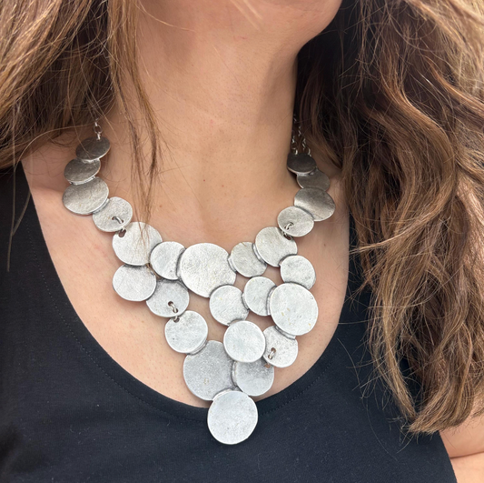 Brutalist Silver Plated Disc Necklace, Hammered Medallion Collar, Boho Bib Jewelry, Gift for Her