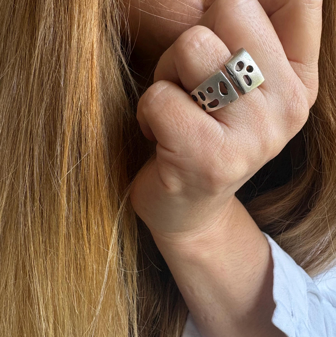 Adjustable Silver Statement Ring, Abstract Open Front Design