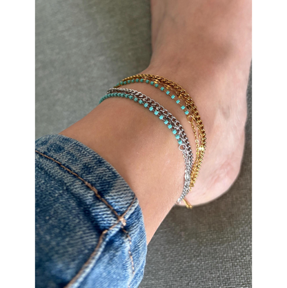 Layered Stainless Steel Anklet: Turquoise Beads, Adjustable Beach Jewelry