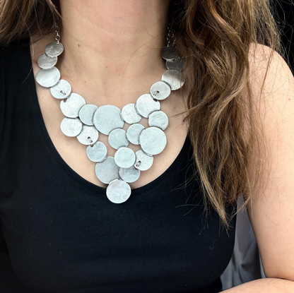 Brutalist Silver Plated Disc Necklace, Hammered Medallion Collar, Boho Bib Jewelry, Gift for Her