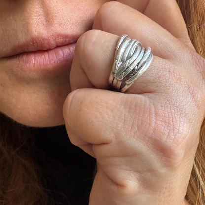 Rustic Silver Finish Brass Wrap Ring – Adjustable Organic Band