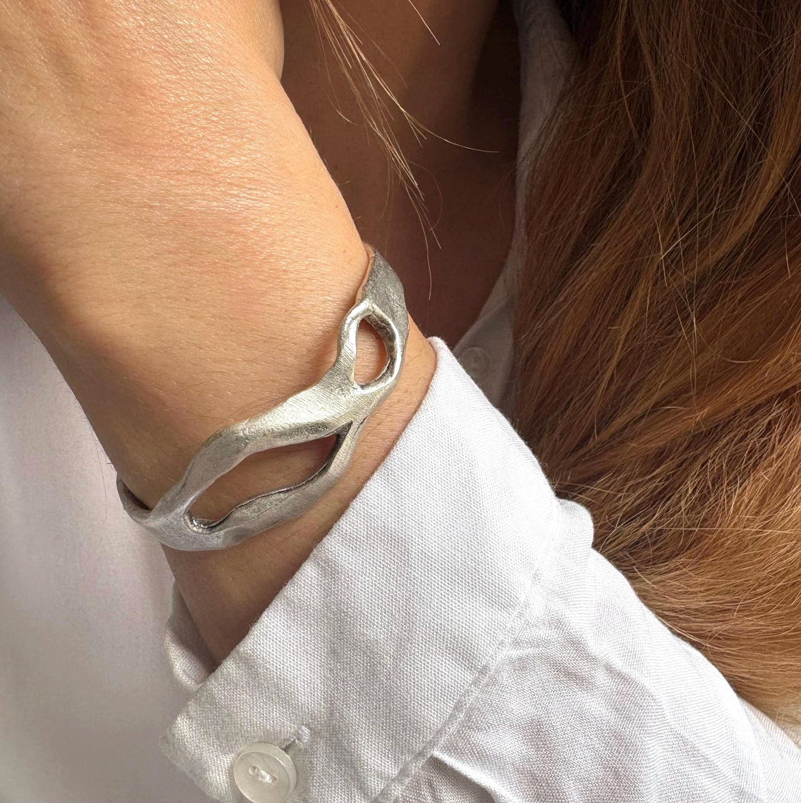 Silver Plated Wave Cuff Bracelet – Sculptural Boho Bangle - Unique Hand-Finished Design