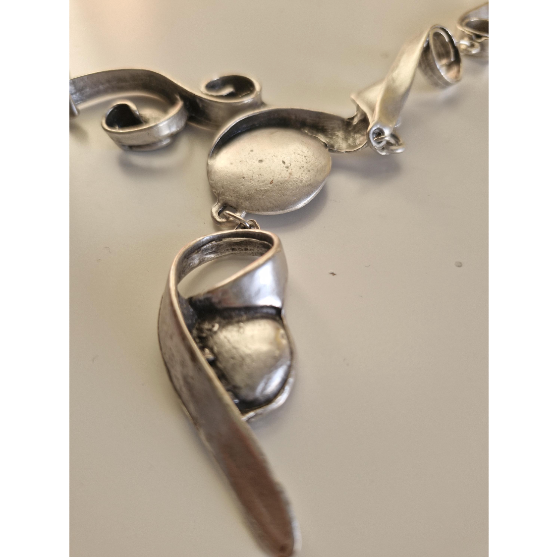 Abstract Silver Statement Necklace, Brutalist Art Deco Swirl Pendant