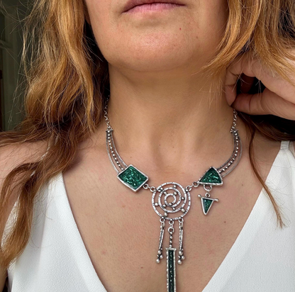 Silver Dreamcatcher Necklace, Green Enamel Boho Vintage Style Pendant, Christmas Gift for Her