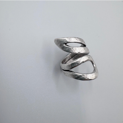 Adjustable Silver-Plated Brass Ring, Brutalist Modernist Jewelry