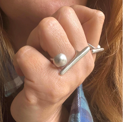 Handmade Brass Ring - Minimalist Geometric Bar and Sphere, Adjustable Size