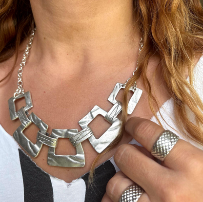 Matte Silver-plated Geometric Choker Necklace: Vintage-Modern Statement Jewellery, Gift for Her
