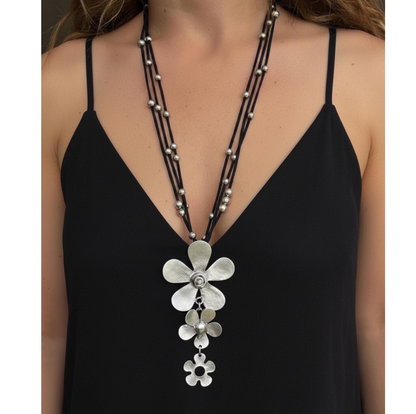 Brutalist Boho Flower Pendant Necklace, Antique Silver, Adjustable Cord