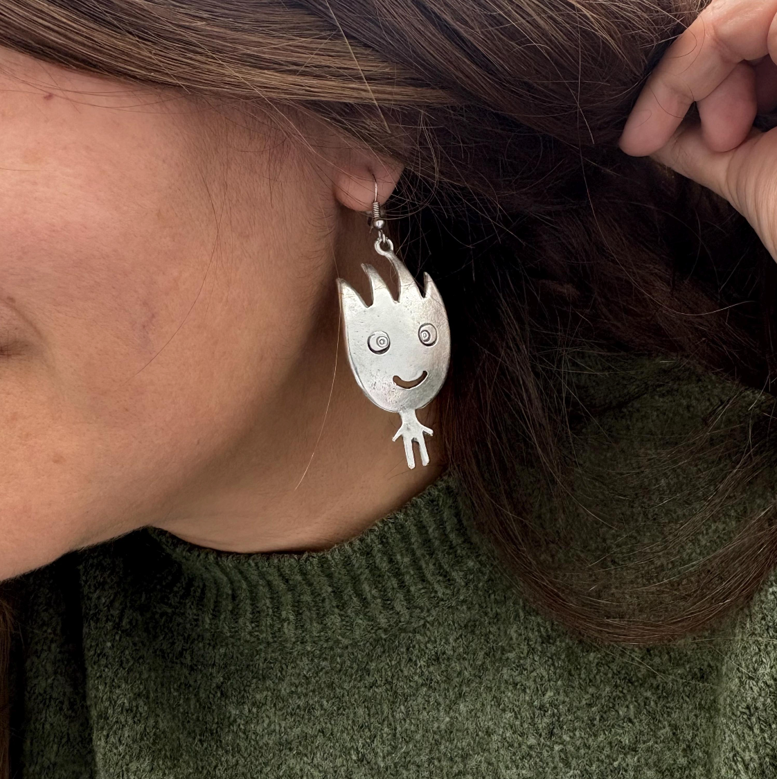 Vintage Silver Tone Smiling Boy and Girl Earrings | Whimsical Dangle Jewelry