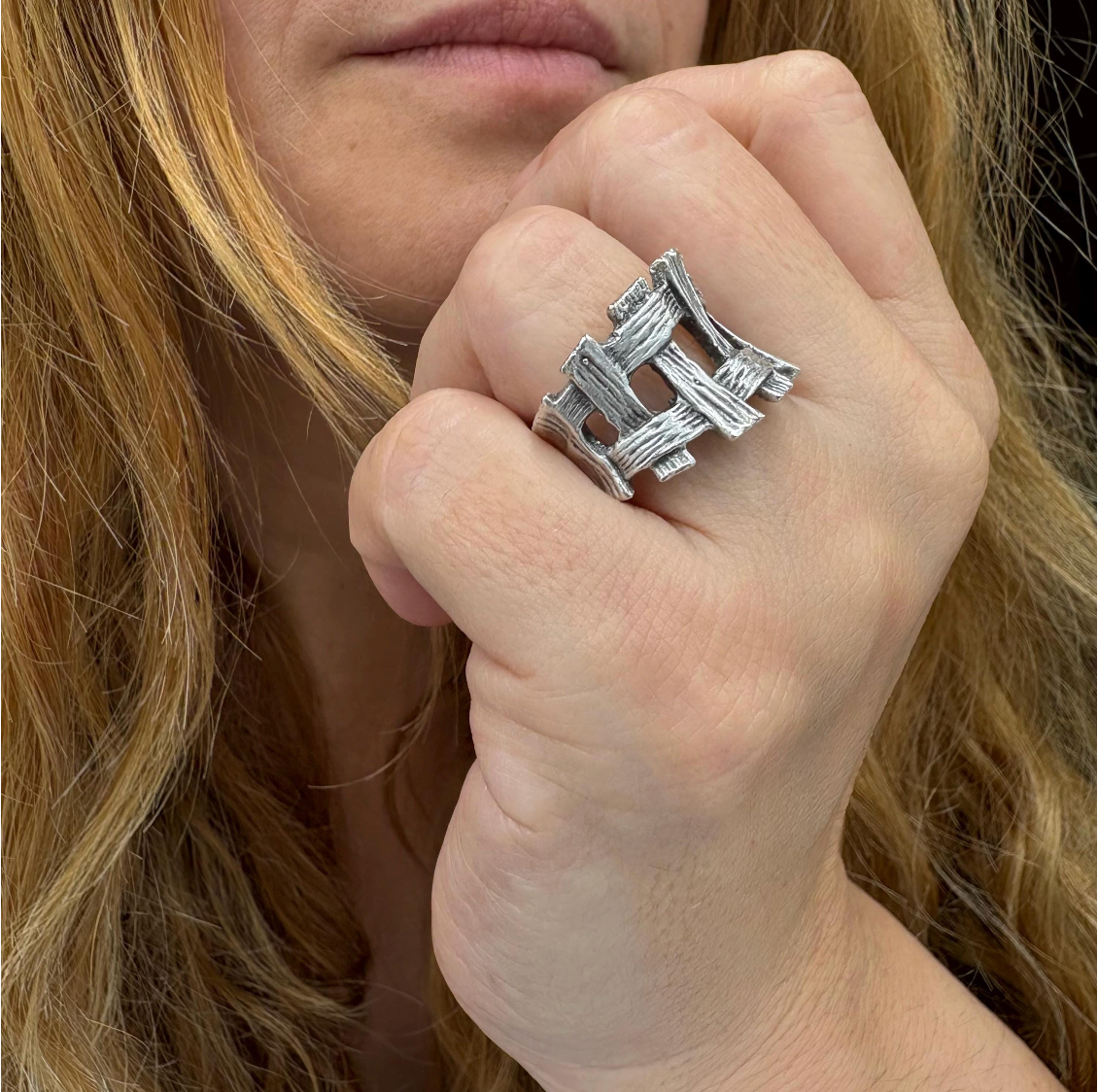Brutalist Silver Plated Statement Ring • Adjustable Organic Jewelry