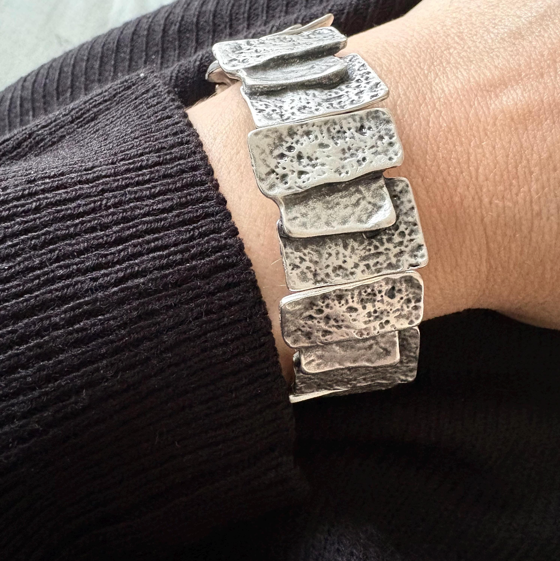 Hammered Silver Plated Stretch Bracelet, Chunky Rustic Link