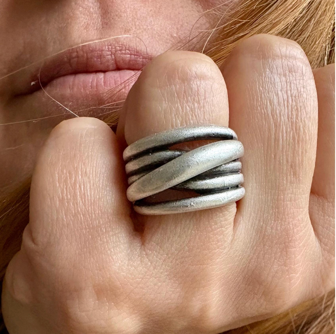 Hammered Silver Brutalist Ring, Adjustable Multi-Strand Wrap Band