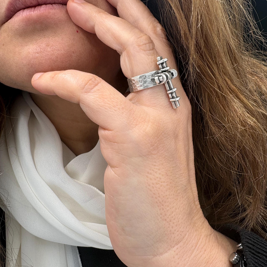 Adjustable Cross Ring, Silver Plated Brass, Gothic Brutalist Style, Unisex Ring