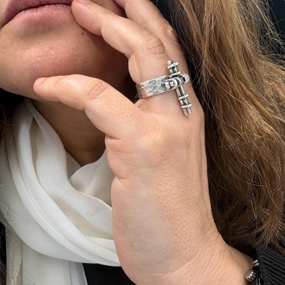 Adjustable Cross Ring, Silver Plated Brass, Gothic Brutalist Style, Unisex Ring