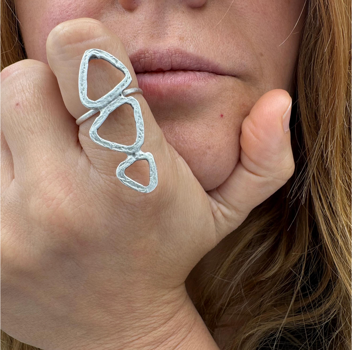 Abstract Geometric Brass Ring – Adjustable Open Band Ring, Lightweight, Nickel-Free Jewelry
