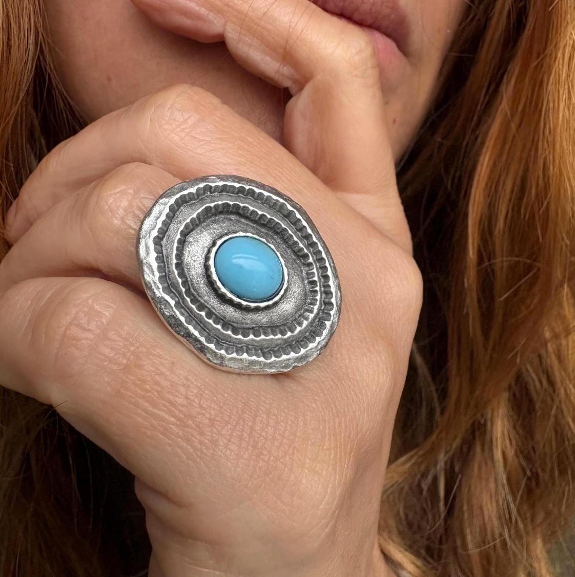 Turquoise Statement Ring, Silver Plated Brass, Adjustable Boho Jewelry
