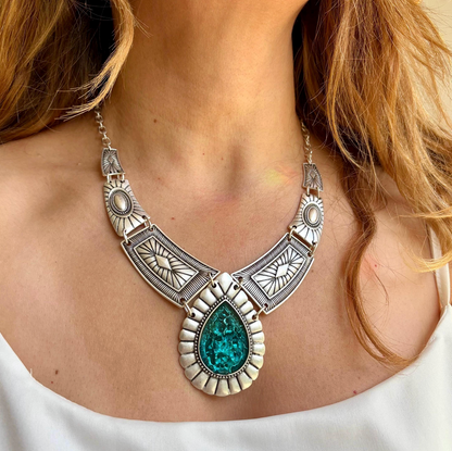 Bohemian Statement Necklace : Chunky Geometric Blue Enamel Festival Jewelry,  Silver Cord Necklace for her