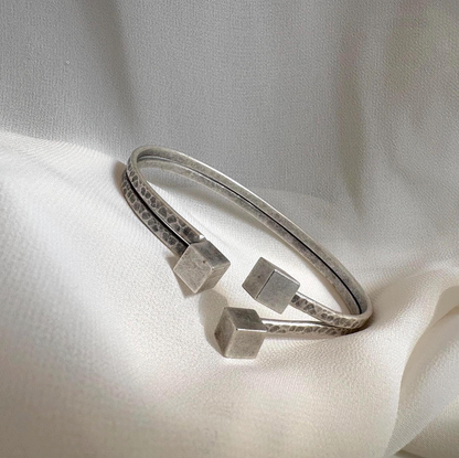 Rustic Silver Cuff Bracelet – Vintage Handmade Open Bangle with Cube Ends, Unisex Modern Jewellery