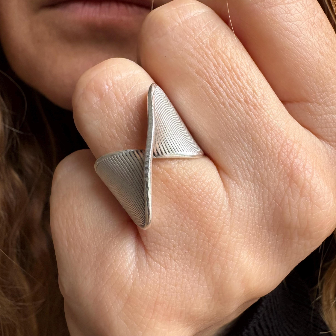 Silver Plated Brass Crossover Ring • Ribbed Geometric Adjustable Band