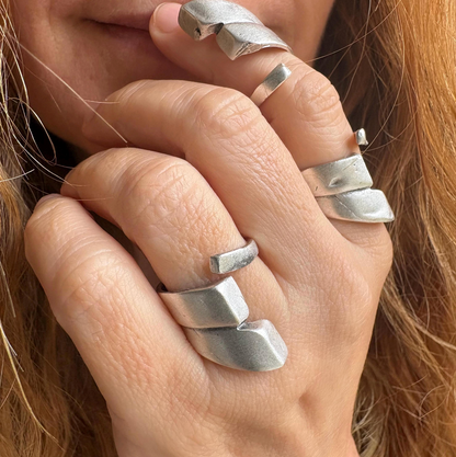 Adjustable Silver Plated Brass Ring, Bold Geometric Jewelry