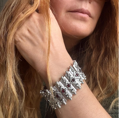Bohemian Garnet Panel Bracelet, Silver Plated Brutalist Cuff, Gift For Her