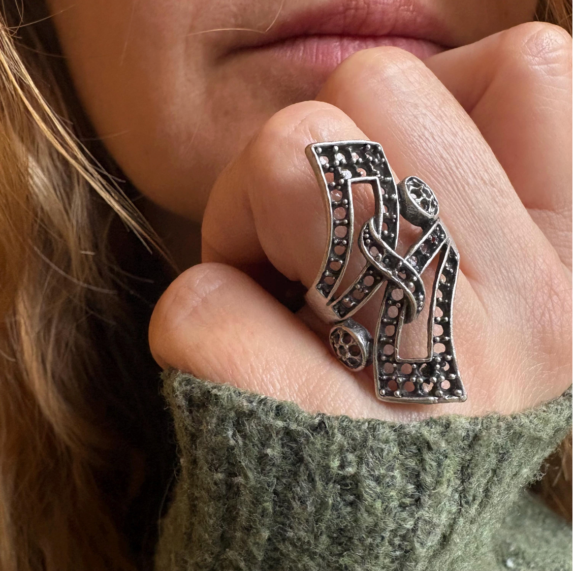 Abstract Brass Statement Ring • Modernist Open Back, Adjustable Size • Gift For Her