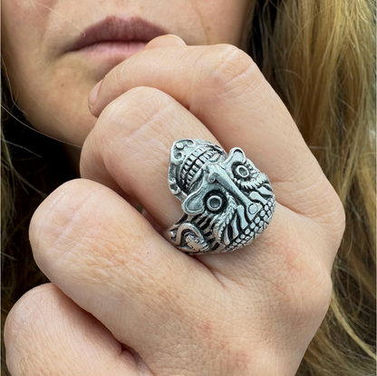 Gothic Mask Ring • Silver Plated Brass, Adjustable Boho Punk Band