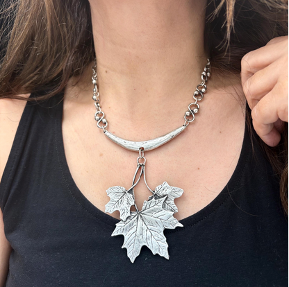Silver Maple Leaf Necklace, Rustic Boho Pendant, Woodland Jewelry