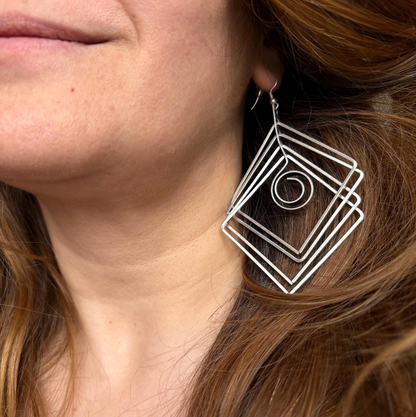 Brutalist Silver Plated Earrings, Geometric Dangle, Architectural Jewelry