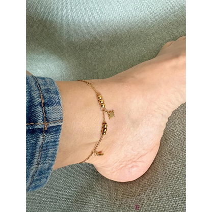 Gold Sun Charm Anklet: Beaded Stainless Steel Ankle Bracelet