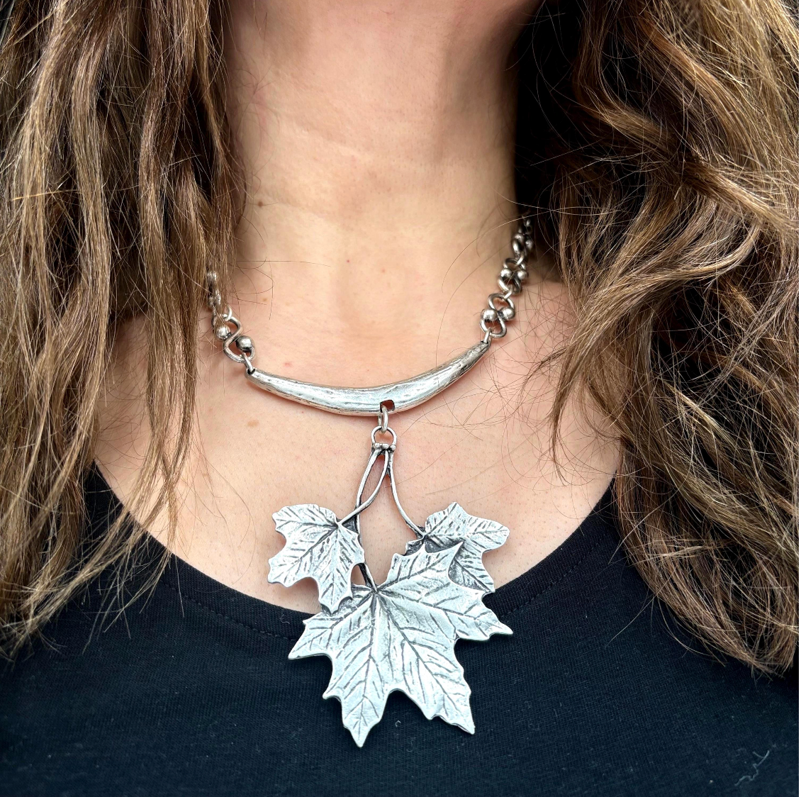Silver Maple Leaf Necklace, Rustic Boho Pendant, Woodland Jewelry