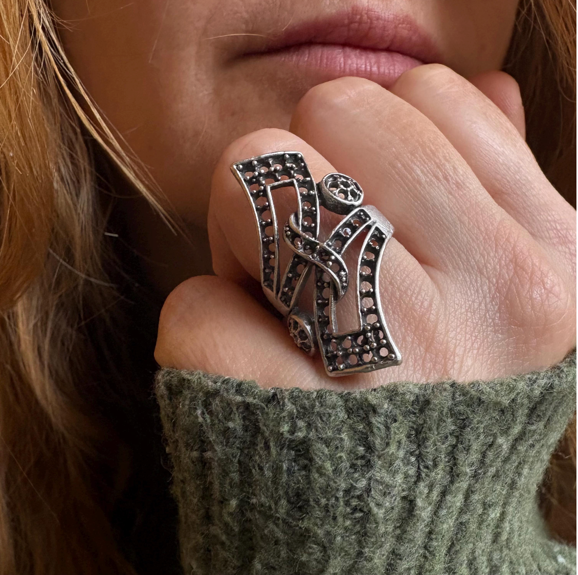 Abstract Brass Statement Ring • Modernist Open Back, Adjustable Size • Gift For Her