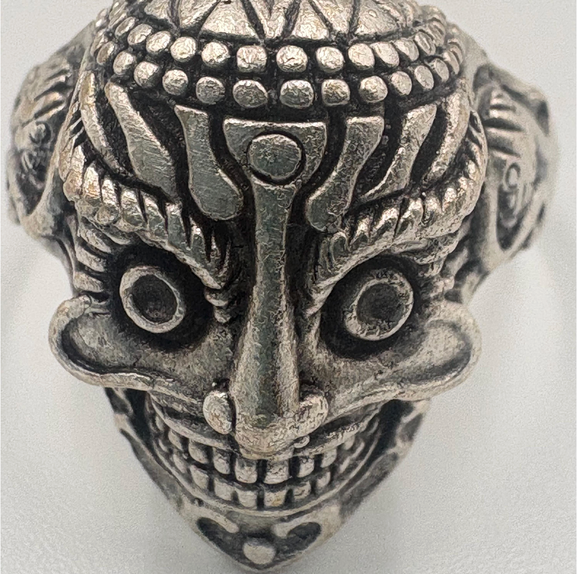 Gothic Mask Ring • Silver Plated Brass, Adjustable Boho Punk Band
