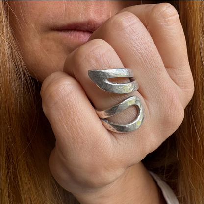Adjustable Silver-Plated Brass Ring, Brutalist Modernist Jewelry