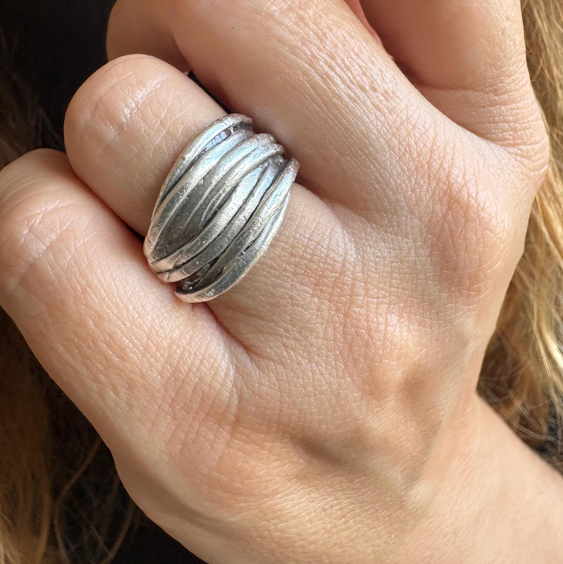 Rustic Silver Finish Brass Wrap Ring – Adjustable Organic Band