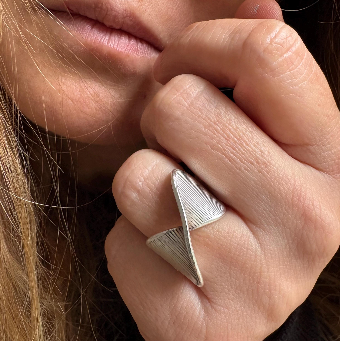 Silver Plated Brass Crossover Ring • Ribbed Geometric Adjustable Band