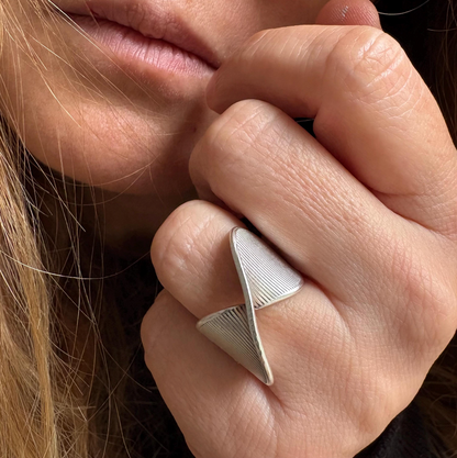 Silver Plated Brass Crossover Ring • Ribbed Geometric Adjustable Band