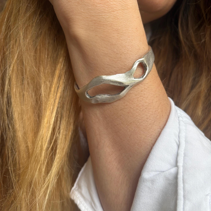 Silver Plated Wave Cuff Bracelet – Sculptural Boho Bangle - Unique Hand-Finished Design